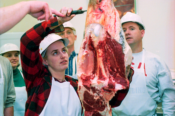 Students participate in a Meat Cutting Lab. February 2000.