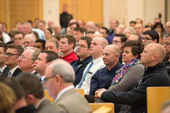 President Gilbert meets with employees in the Taylor Chapel.
