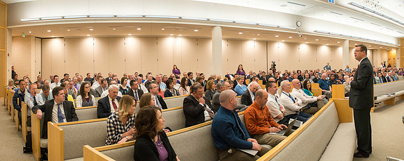 President Gilbert meets with employees in the Taylor Chapel.