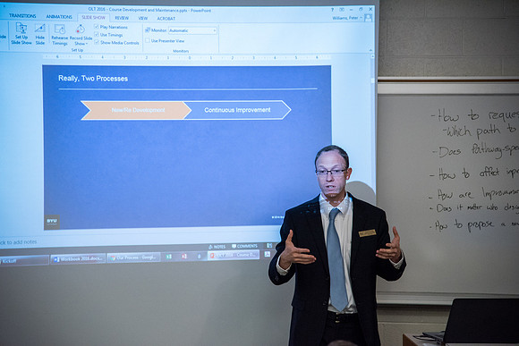 Online Instructors come to BYU-Idaho campus for further learning to enhance teaching skills. Instructor: Peter Williams.