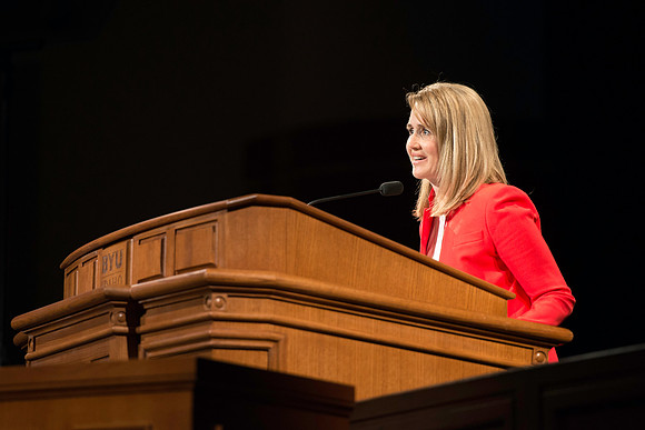 President and Sister Gilbert address the students the first devotional of the semester.