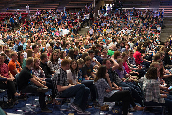 Students gather in the Hart auditorium for a date night with the Gilbert's.