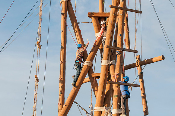Students climbing ropes course, Spring 2013