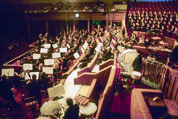 Orchestra and Choir members in the Sacred Music Series: Visions of Eternity performance. Performance located in the Salt Lake Tabernacle.