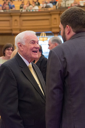 Former president of Rick's College and member of the Seventy, Elder Joe J. Christensen converses with other audience members preceeding the Sacred Music concert. Photo by Ryan Chase.
