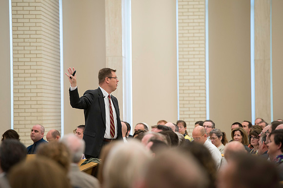 President Gilbert meets with employees in the Taylor Chapel.