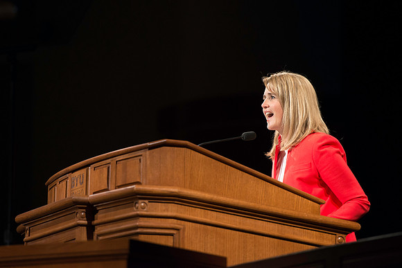 President and Sister Gilbert address the students the first devotional of the semester.