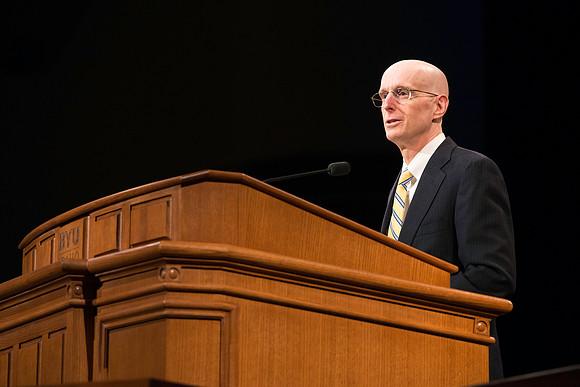 Vice President Henry J. Eyring conducts devotional.