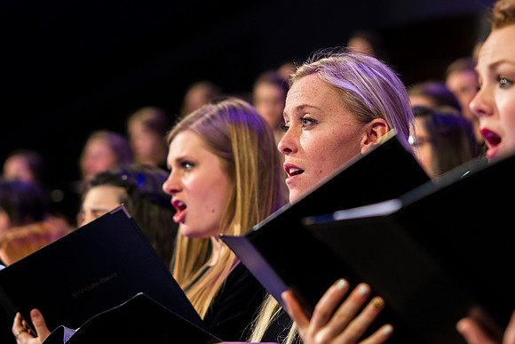 Brigham Young University-Idaho's Symphony Orchestra, Collegiate Singers, Concert Choir, Men's Choir, and Women's Choir rehearses in the I-Center for their "The Redeemer" performance.