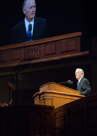 President Kim B. Clark conducts devotional in the BYU-I center.