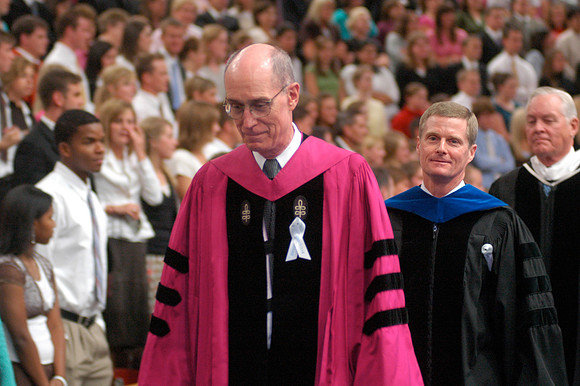 President Henry B Eyring and Elder David A Bednar, former Presidents of Ricks College/BYU-Idaho, attend the inauguration for President Kim B Clark.
