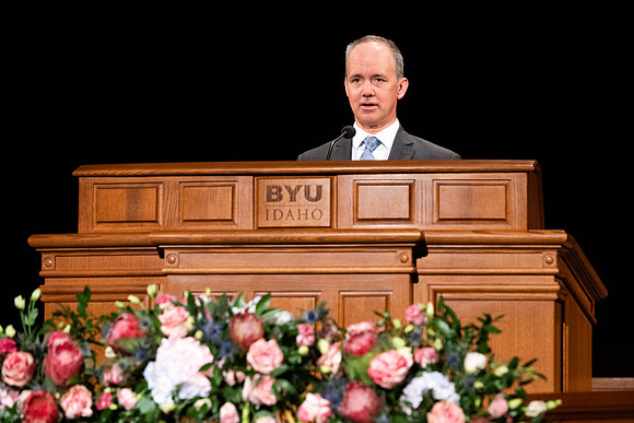 Robert Tueller of the Music Department records his devotional talk.