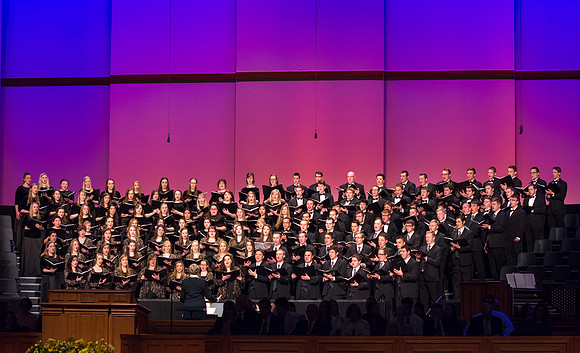The Brigham Young University-Idaho combined choir sing at devotional. Photo by Ryan Chase.