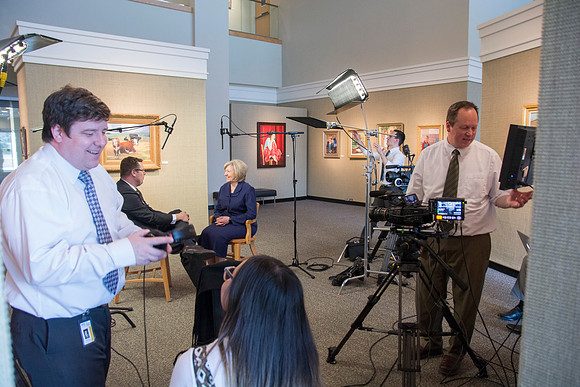 Robyn Bergstrom, of the Communications Department, gets interviewed by President Clark G. Gilbert.