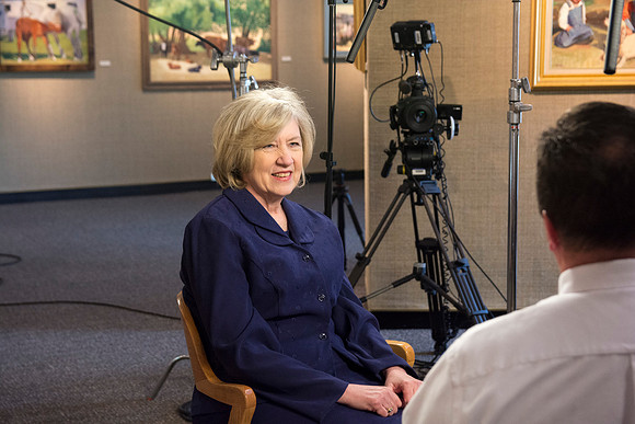 Robyn Bergstrom, of the Communications Department, gets interviewed by President Clark G. Gilbert.