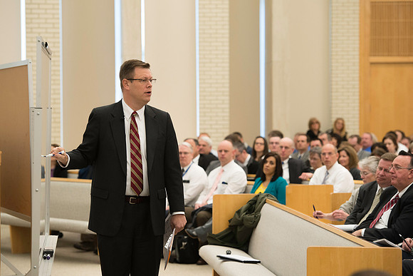 President Gilbert meets with employees in the Taylor Chapel.