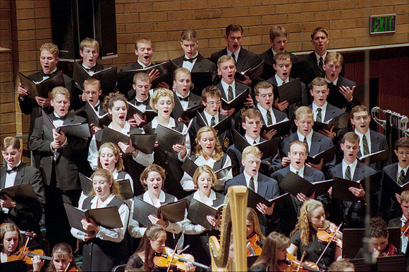 1999 Sacred Music Performance in the Snow Barrus Concert Hall. Commissioned composition by Merrill Jenson. Featuring Ricks College Symphony Orchestra, Collegiate Singers, and Concert Chorale with LDS