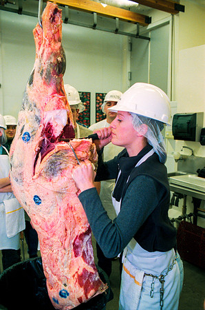 Students participate in a Meat Cutting Lab. February 2000.