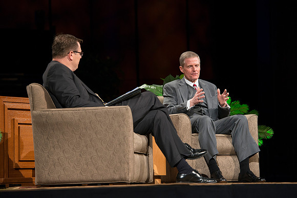 President Gilbert and Elder David A. Bednar Have a Q&A style meeting for the BYU-Idaho employees. Elder Bednar was the President during the transition of Ricks College to BYU-Idaho.