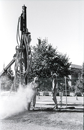 Construction takes place on the Religion Building site.