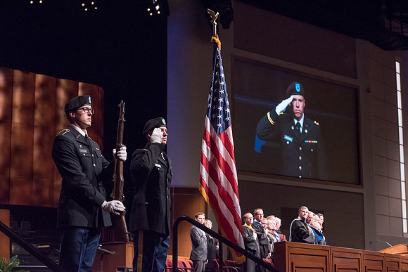 ROTC members of Brigham Young University-Idaho presenting the colors at convocation of the Spring 2016 semester. Photo by Ryan Chase.
