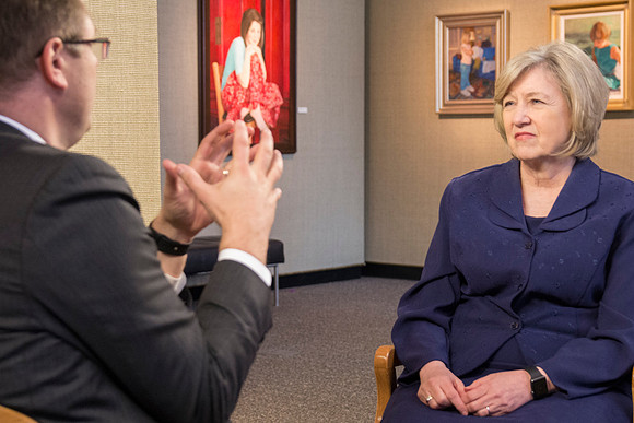 Robyn Bergstrom, of the Communications Department, gets interviewed by President Clark G. Gilbert.
