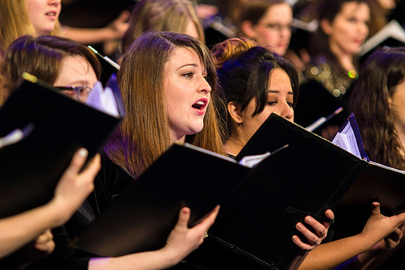 Brigham Young University-Idaho's Symphony Orchestra, Collegiate Singers, Concert Choir, Men's Choir, and Women's Choir rehearses in the I-Center for their "The Redeemer" performance.
