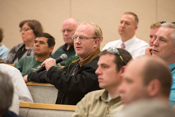 President Gilbert meets with employees in the Taylor Chapel.