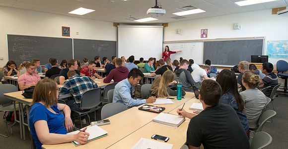 Exemplary Faculty Jen Baxter teaches a Trigonometry class in the Ricks Building.