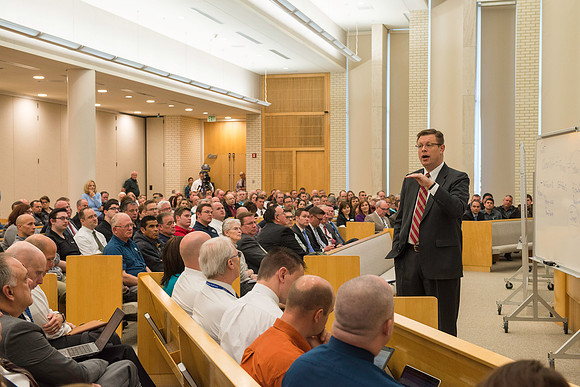 President Gilbert meets with employees in the Taylor Chapel.