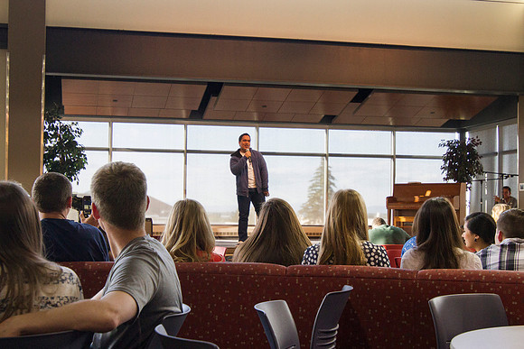 A contestant in The Last Voice Standing performs on the Crossroads stage during the 2014 Spring Semester.