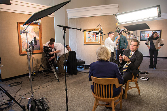 Robyn Bergstrom, of the Communications Department, gets interviewed by President Clark G. Gilbert.