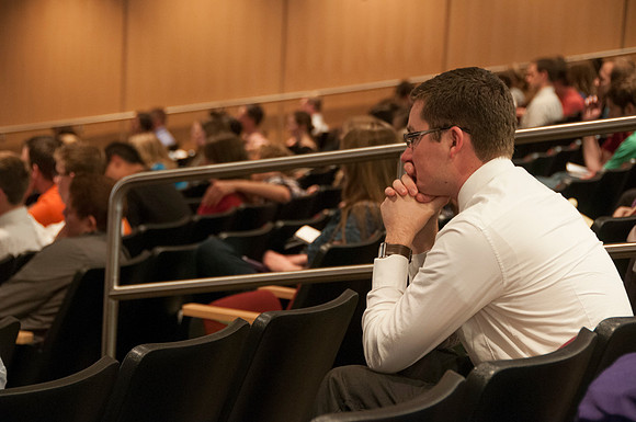 Student, Cory Brassard, listening to Lawrence Corbridge Devotional, Spring 2013