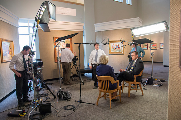 Robyn Bergstrom, of the Communications Department, gets interviewed by President Clark G. Gilbert.