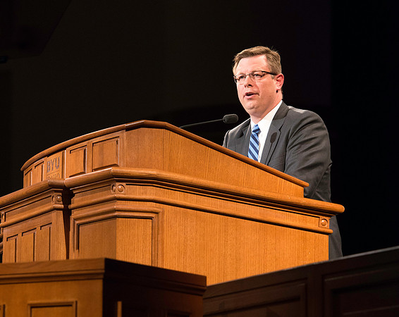 President Gilbert addresses the students the first devotional of the semester.