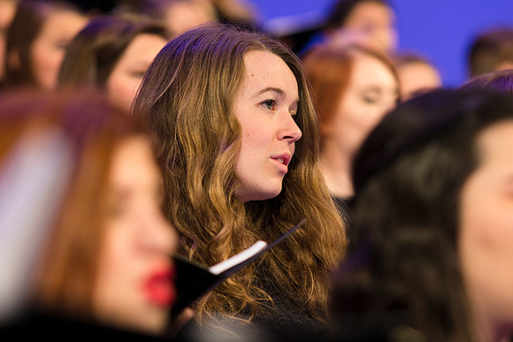 Brigham Young University-Idaho's Symphony Orchestra, Collegiate Singers, Concert Choir, Men's Choir, and Women's Choir rehearses in the I-Center for their "The Redeemer" performance.