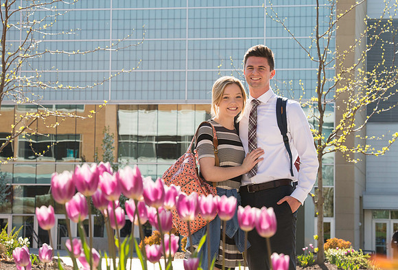 Tulips of different varieties adorn BYU-Idaho campus in the springtime. Corinne and Brian Starkey