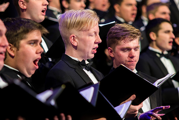 Brigham Young University-Idaho's Symphony Orchestra, Collegiate Singers, Concert Choir, Men's Choir, and Women's Choir rehearses in the I-Center for their "The Redeemer" performance.