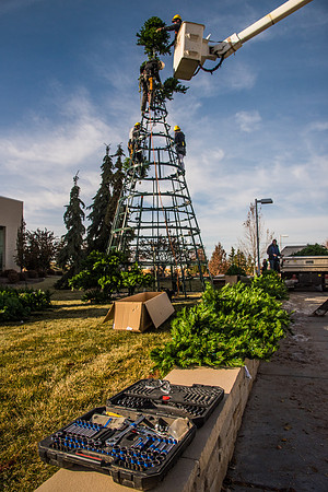 The BYU-Idaho ground keeping crew set up a christmas tree in front of the Taylor chapel. Fall Semester.