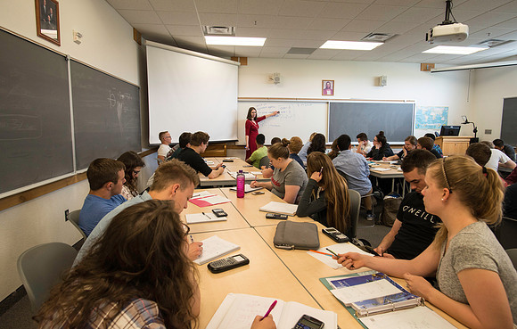Exemplary Faculty Jen Baxter teaches a Trigonometry class in the Ricks Building.