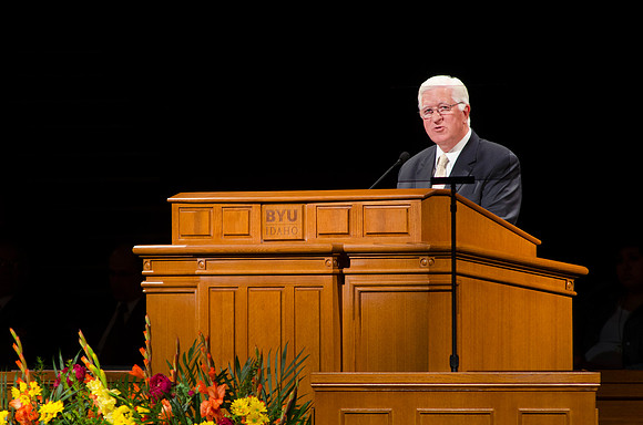 Harold Brown speaks to students at BYU-Idaho during Tuesday Devotional.