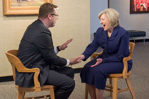 Robyn Bergstrom, of the Communications Department, gets interviewed by President Clark G. Gilbert.