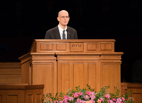 President Henry J Eyring welcomes students to a BYU-Idaho special Sunday devotional with Elder Ronald A. Rasband of the quorum of the twelve apostles along with his wife Melanie Rasband.