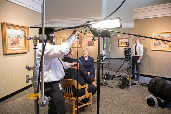 Robyn Bergstrom, of the Communications Department, gets interviewed by President Clark G. Gilbert.