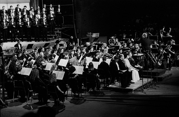 Sacred Music Series: Visions of Eternity. Orchestra members play a piece for the performance. Performance held in the Hart Auditorium of Ricks College.