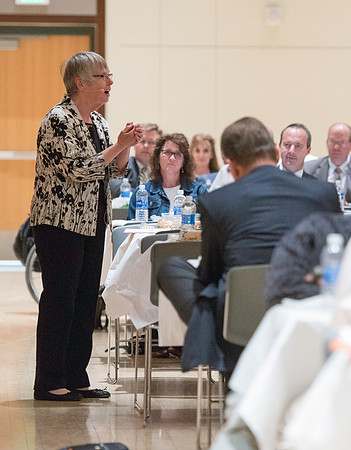 Dr. Maryellen Weimer addresses the faculty during a luncheon. Maryellen Weimer, Professor Emerita of Teaching and Learning at Penn State Berks, edits The Teaching Professor, a monthly higher education