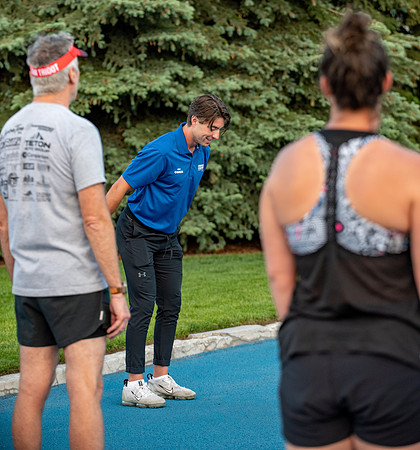 Faculty and community members of BYUI at Speed and Agility triathlete trannings at the stadium.