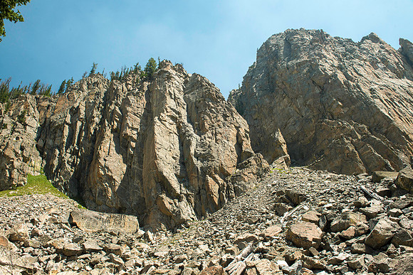 A massive rock buttress, several hundred feet tall on the South boundry of the Jackson Hole Ski resort. (Rock climbing video shoot directed by Michael Ballard and assisted by Taylor Ray. Scott Hurst b