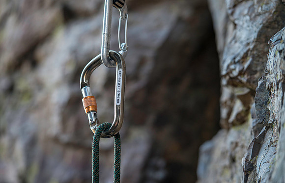 Detail shots of a carabiner. (Climbing wall up Kelly Canyon)