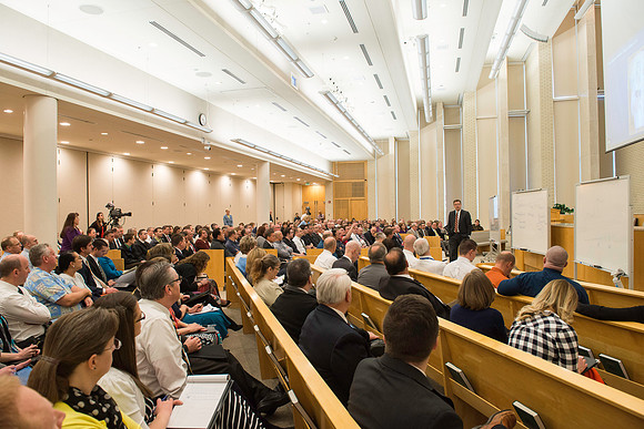President Gilbert meets with employees in the Taylor Chapel.